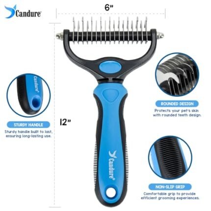 Candure Dematting Comb for Dog and Cat, Pet Grooming Rake and Brushes for Small, Medium Large Dogs 17+9 Double Sided Deshedding Tool Removes Knots & Tangled Hair