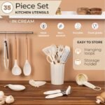 Kitchen Non Stick Cooking Utensils Set – Heat Resistant Silicone Utensils with Wooden Handle – Ladles, Spoons and Spatulas Set – Kitchen Tools & Accessories – 35pcs, Cream – by...