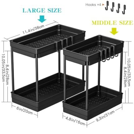 PurKeep 2 Pack Under Sink Storage - 2 Tier Kitchen Storage and Organisation Cupboard Organiser, Under Sink Shelf, Under Cabinet Organizer with Hooks, for Bathroom Kitchen...