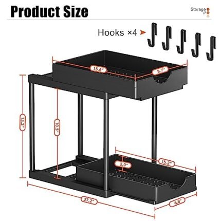 PurKeep 2Pack Under Sink Storage - 2 Tier Sliding Kitchen Storage Under Sink Shelf, Under Cabinet Drawer Organizer with Hooks, for Bathroom Kitchen Countertop, Black